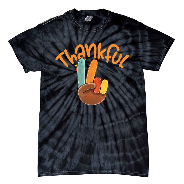 Peace Hand Sign Thankful Turkey Thanksgiving Tie-Dye T-Shirt