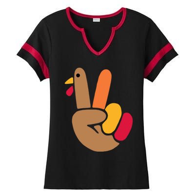 Peace Hand Turkey Design For Ugly Thanksgiving Sweater Idea Gift Ladies Halftime Notch Neck Tee