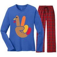 Peace Hand Turkey Design For Ugly Thanksgiving Sweater Idea Gift Women's Long Sleeve Flannel Pajama Set 