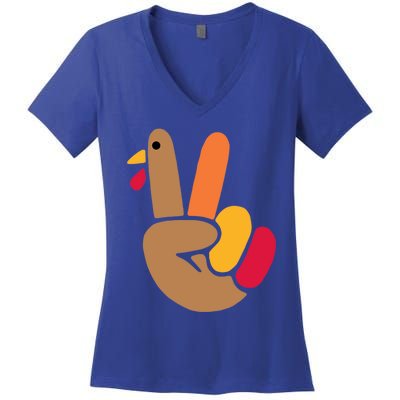 Peace Hand Turkey Design For Ugly Thanksgiving Sweater Idea Gift Women's V-Neck T-Shirt