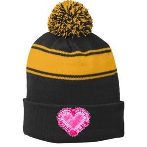 Pink Heart Tie Dye Valentines Day Stripe Pom Pom Beanie