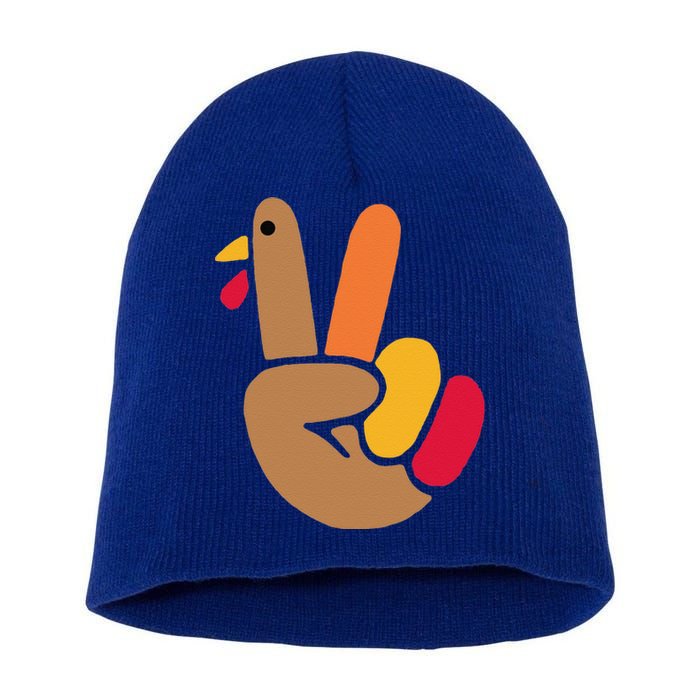 Peace Hand Turkey Design For Ugly Thanksgiving Funny Idea Funny Short Acrylic Beanie