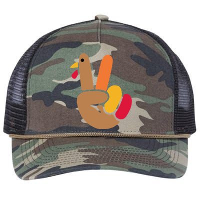 Peace Hand Turkey Design For Ugly Thanksgiving Funny Idea Funny Retro Rope Trucker Hat Cap