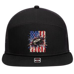 Patriotic Hockey Usa Flag Sports Ice Hockey Meaningful Gift 7 Panel Mesh Trucker Snapback Hat