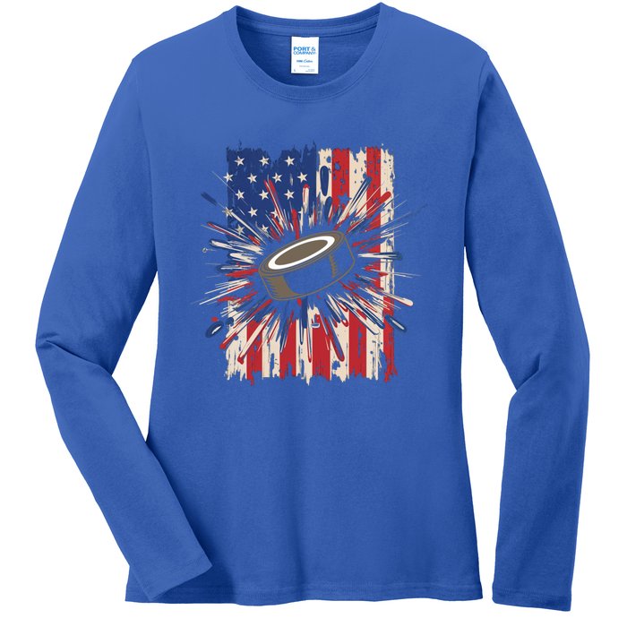 Patriotic Hockey Usa Flag Sports Ice Hockey Meaningful Gift Ladies Long Sleeve Shirt