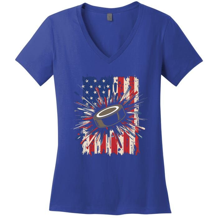 Patriotic Hockey Usa Flag Sports Ice Hockey Meaningful Gift Women's V-Neck T-Shirt