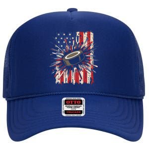 Patriotic Hockey Usa Flag Sports Ice Hockey Meaningful Gift High Crown Mesh Back Trucker Hat