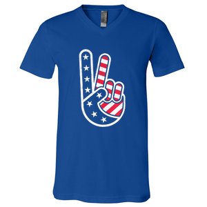 Peace Hand USA Flag Red White Blue 4th Of July V-Neck T-Shirt