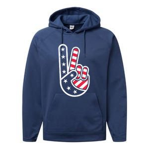 Peace Hand USA Flag Red White Blue 4th Of July Performance Fleece Hoodie