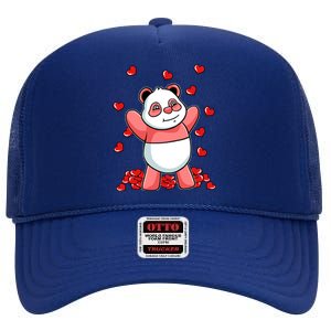 Panda Heart Valentines Day Cute Bear Animal Love Gift High Crown Mesh Back Trucker Hat