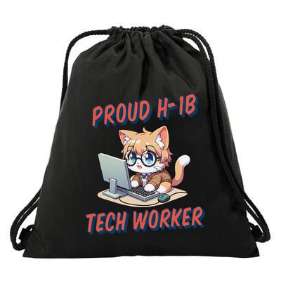 Proud H1b Visa Tech Worker And Future Immigrant Cat Worker Drawstring Bag