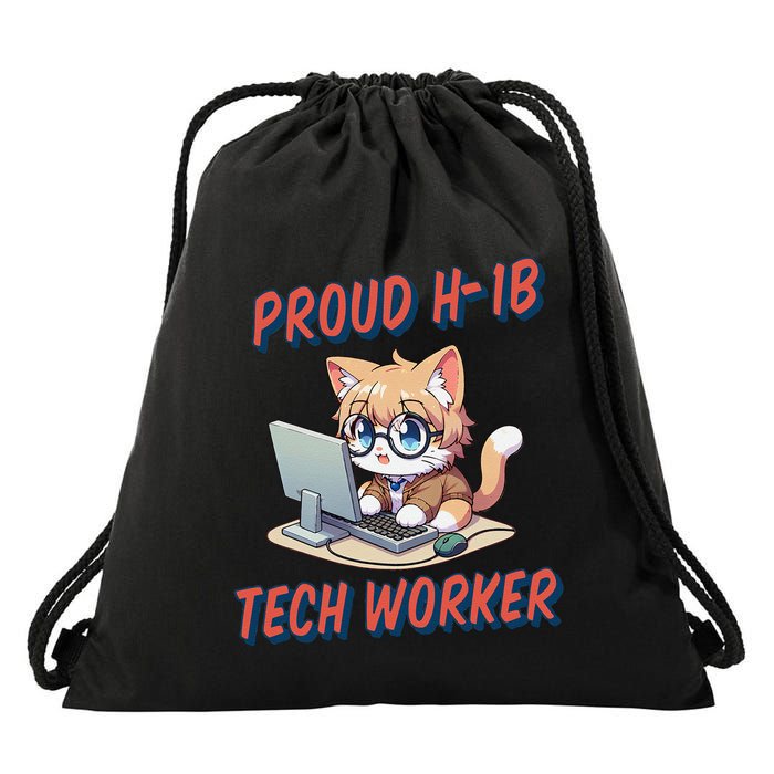 Proud H1b Visa Tech Worker And Future Immigrant Cat Worker Drawstring Bag
