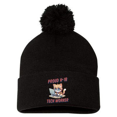 Proud H1b Visa Tech Worker And Future Immigrant Cat Worker Pom Pom 12in Knit Beanie