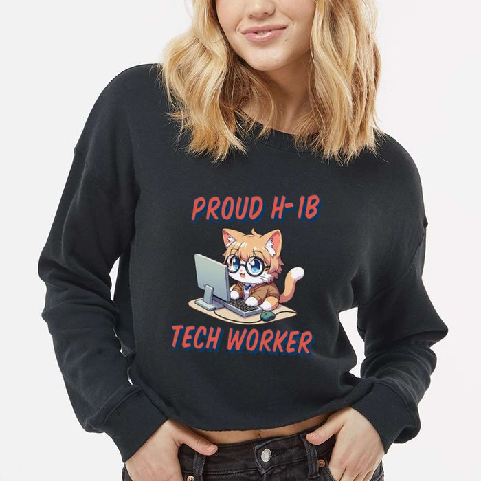 Proud H1b Visa Tech Worker And Future Immigrant Cat Worker Cropped Pullover Crew