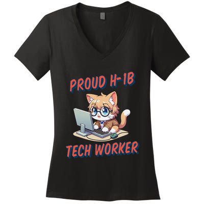 Proud H1b Visa Tech Worker And Future Immigrant Cat Worker Women's V-Neck T-Shirt