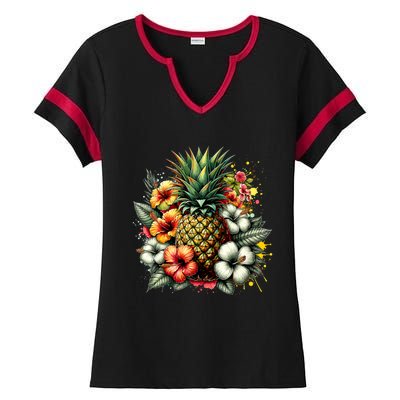 Pineapple Hawaii Vintage Hawaiian Floral Ladies Halftime Notch Neck Tee