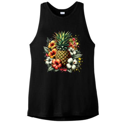 Pineapple Hawaii Vintage Hawaiian Floral Ladies PosiCharge Tri-Blend Wicking Tank