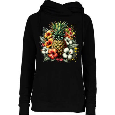 Pineapple Hawaii Vintage Hawaiian Floral Womens Funnel Neck Pullover Hood