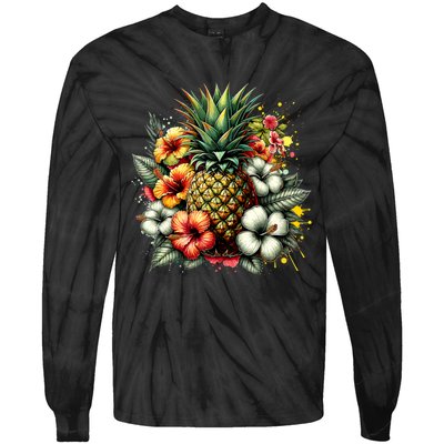 Pineapple Hawaii Vintage Hawaiian Floral Tie-Dye Long Sleeve Shirt