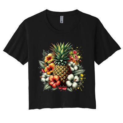 Pineapple Hawaii Vintage Hawaiian Floral Women's Crop Top Tee