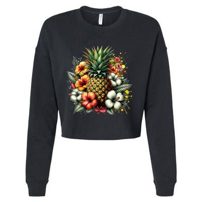 Pineapple Hawaii Vintage Hawaiian Floral Cropped Pullover Crew