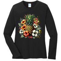 Pineapple Hawaii Vintage Hawaiian Floral Ladies Long Sleeve Shirt