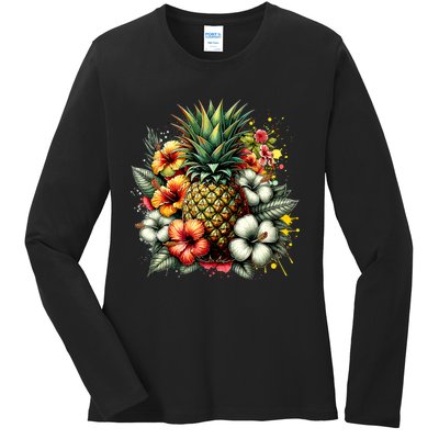 Pineapple Hawaii Vintage Hawaiian Floral Ladies Long Sleeve Shirt