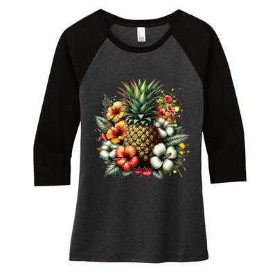 Pineapple Hawaii Vintage Hawaiian Floral Women's Tri-Blend 3/4-Sleeve Raglan Shirt