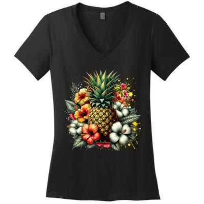 Pineapple Hawaii Vintage Hawaiian Floral Women's V-Neck T-Shirt