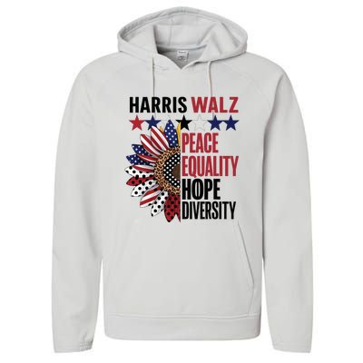 Patriotic Harris Walz Peace Love Equality Hope Diversity Performance Fleece Hoodie