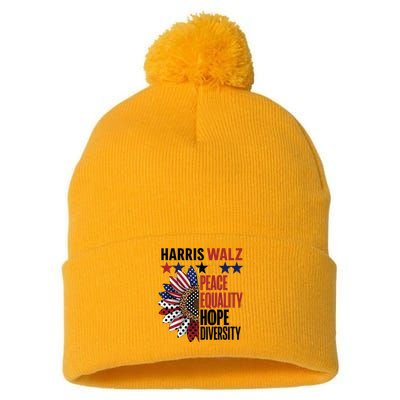 Patriotic Harris Walz Peace Love Equality Hope Diversity Pom Pom 12in Knit Beanie