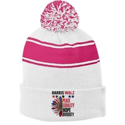 Patriotic Harris Walz Peace Love Equality Hope Diversity Stripe Pom Pom Beanie