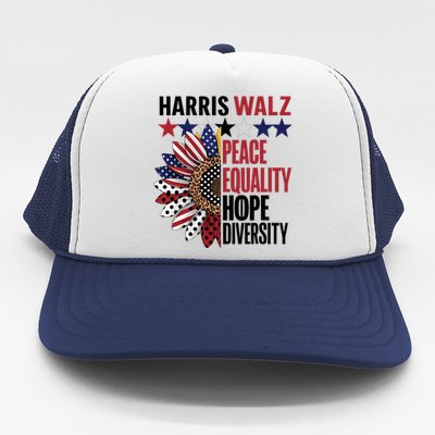 Patriotic Harris Walz Peace Love Equality Hope Diversity Trucker Hat