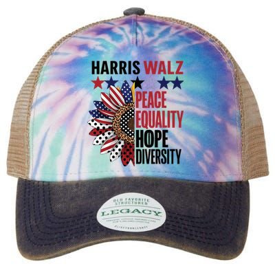 Patriotic Harris Walz Peace Love Equality Hope Diversity Legacy Tie Dye Trucker Hat