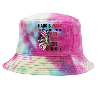 Patriotic Harris Walz Peace Love Equality Hope Diversity Tie-Dyed Bucket Hat