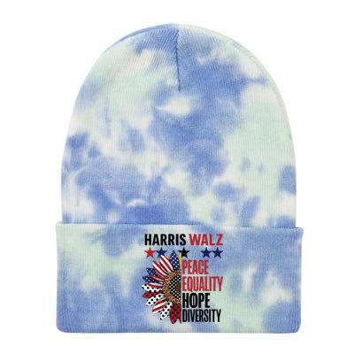 Patriotic Harris Walz Peace Love Equality Hope Diversity Tie Dye 12in Knit Beanie