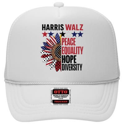 Patriotic Harris Walz Peace Love Equality Hope Diversity High Crown Mesh Back Trucker Hat