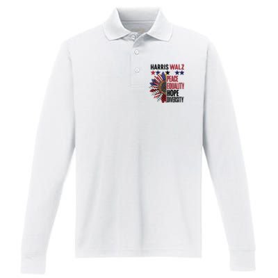 Patriotic Harris Walz Peace Love Equality Hope Diversity Performance Long Sleeve Polo