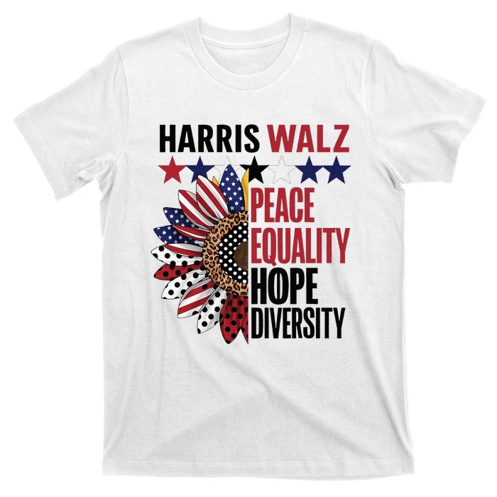 Patriotic Harris Walz Peace Love Equality Hope Diversity T-Shirt