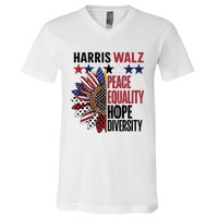 Patriotic Harris Walz Peace Love Equality Hope Diversity V-Neck T-Shirt