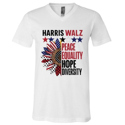 Patriotic Harris Walz Peace Love Equality Hope Diversity V-Neck T-Shirt