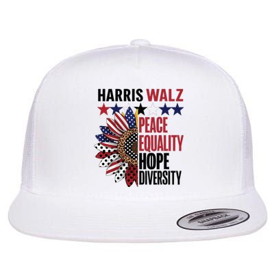 Patriotic Harris Walz Peace Love Equality Hope Diversity Flat Bill Trucker Hat