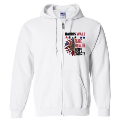 Patriotic Harris Walz Peace Love Equality Hope Diversity Full Zip Hoodie