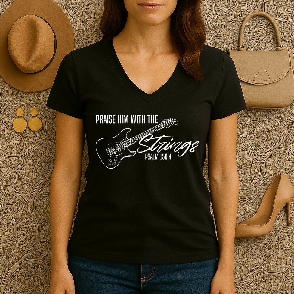 Praise Him With The Strings Christian Guitar God Worship Women's V-Neck T-Shirt