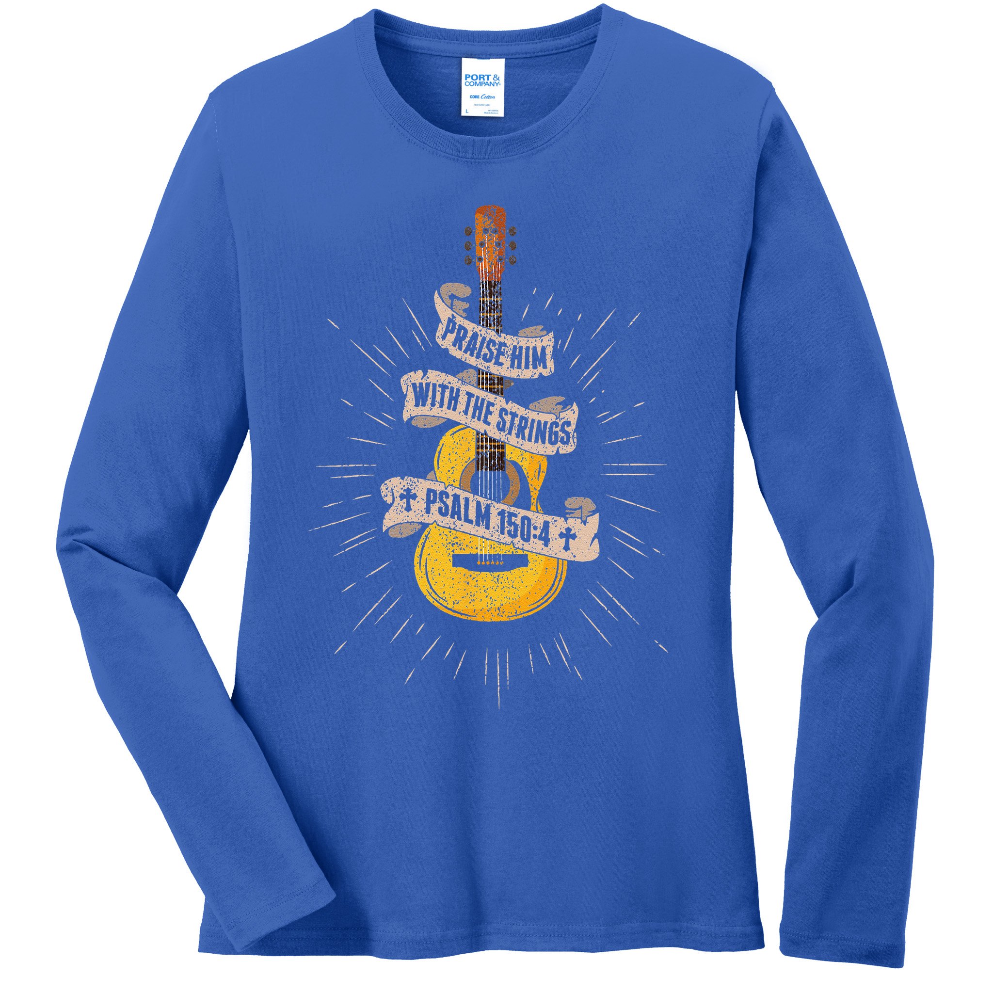 Praise Him With The Strings Jesus Acoustic Guitar Christian Ladies Long Sleeve Shirt
