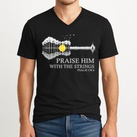 Praise Him With The Strings Christian Guitar Player V-Neck T-Shirt