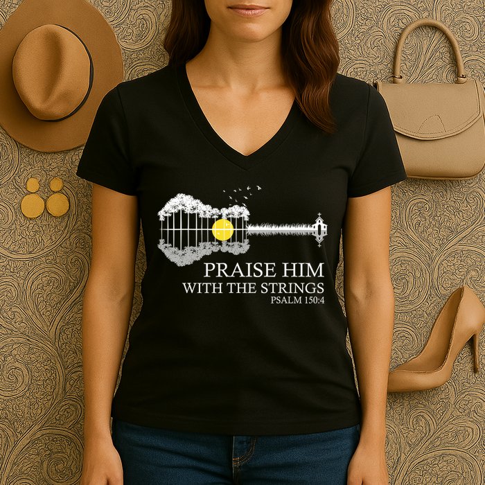 Praise Him With The Strings Christian Guitar Player Women's V-Neck T-Shirt