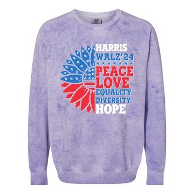 Patriotic Harris Walz Peace Love Equality Diversity Hope 2024 Usa Sunflower Colorblast Crewneck Sweatshirt