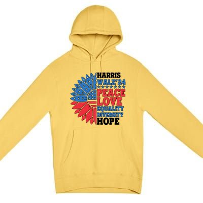 Patriotic Harris Walz Peace Love Equality Diversity Hope 2024 Usa Sunflower Premium Pullover Hoodie