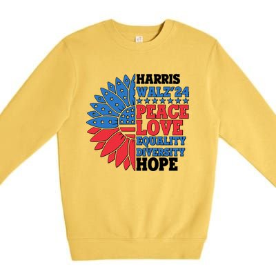 Patriotic Harris Walz Peace Love Equality Diversity Hope 2024 Usa Sunflower Premium Crewneck Sweatshirt